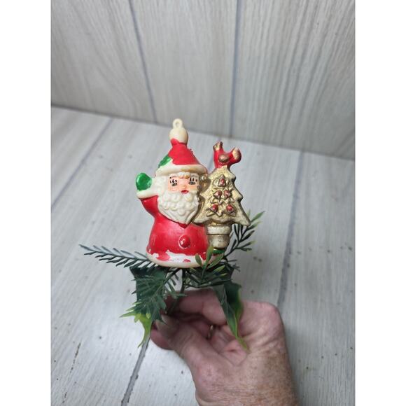 Vtg Flocked Snowman Santa Blowmold Decorative Pick Christmas Tree Decor Set Of 3 - Picture 9 of 15